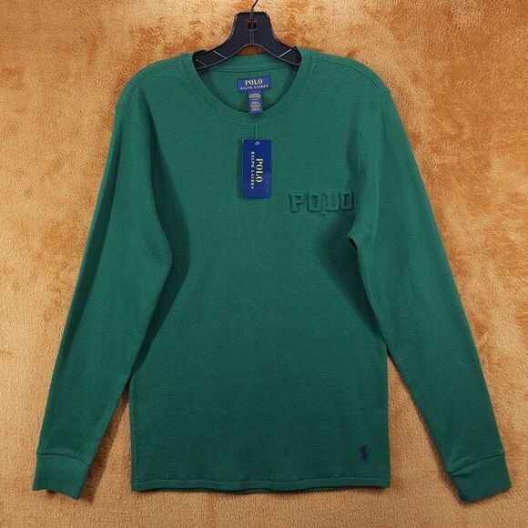 POLO Shirt Mens Small Green Pullover Crew Thermal Long Sleeve Raised Logo Pony - Picture 1 of 7